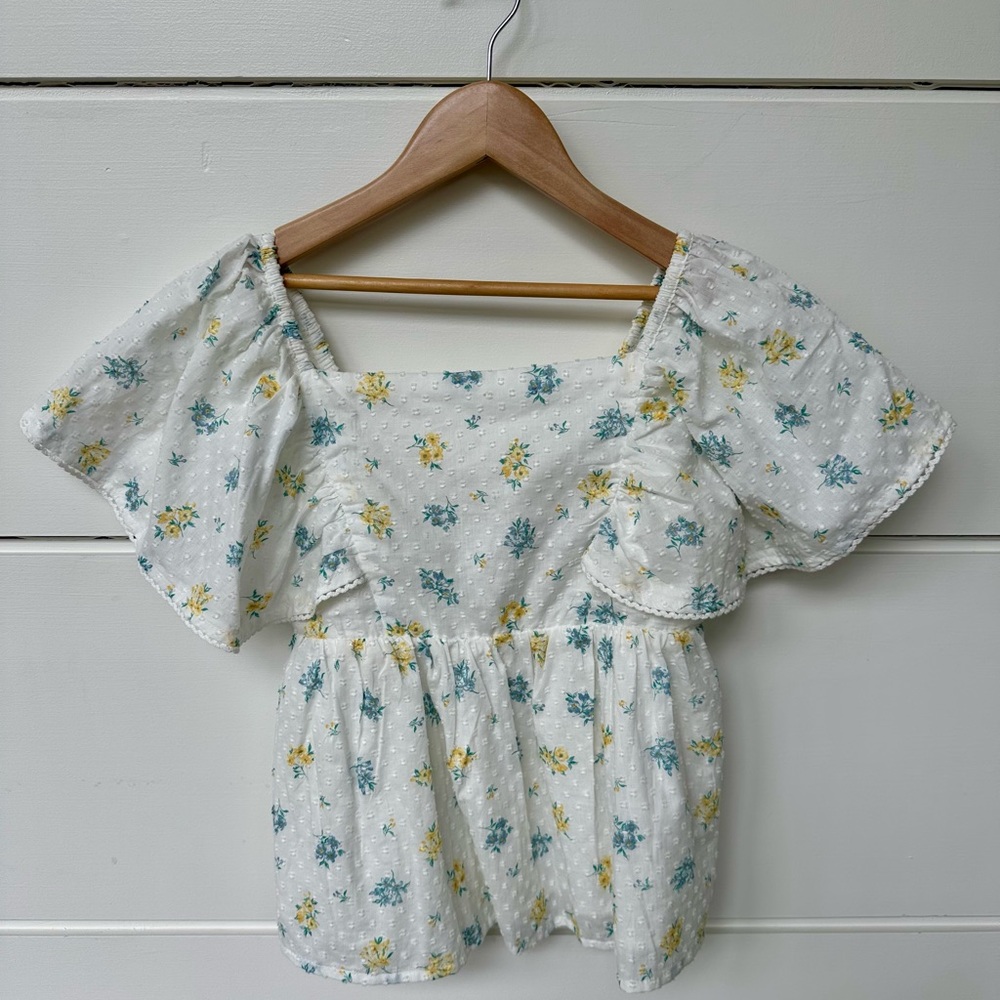 Joie White Floral Smocked Square-Neck Top with Yellow & Teal Flowers